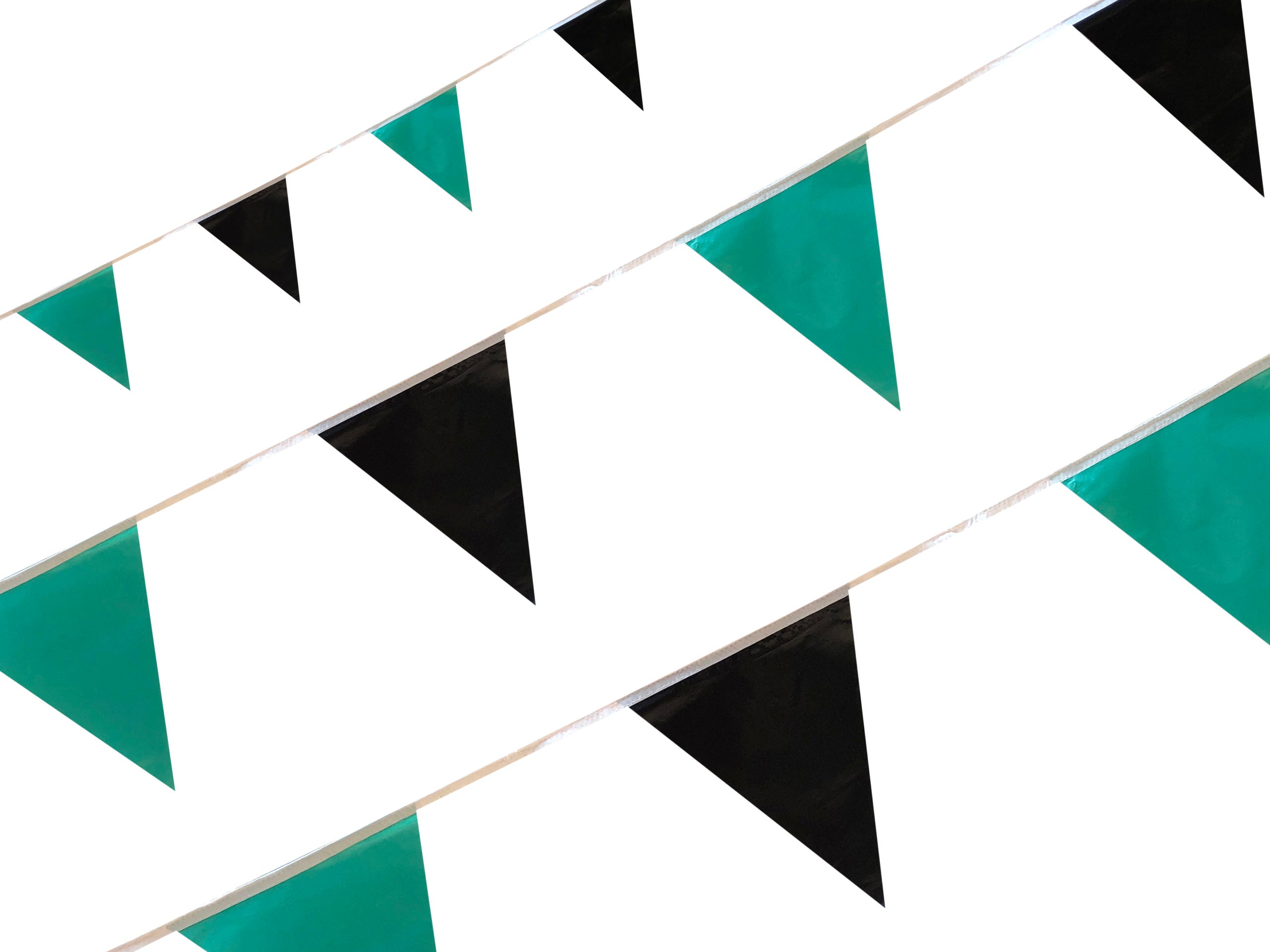 Tira de banderines intercalados negro y verde aqua, forma triangular con guía de rafia blanca, ideal para decoración de eventos, fiestas, exposiciones, tiendas y más, apto para exteriores. Tira de banderines intercalados negro y verde aqua, forma triangular con guía de rafia blanca, ideal para decoración de eventos, fiestas, exposiciones, tiendas y más, apto para exteriores.